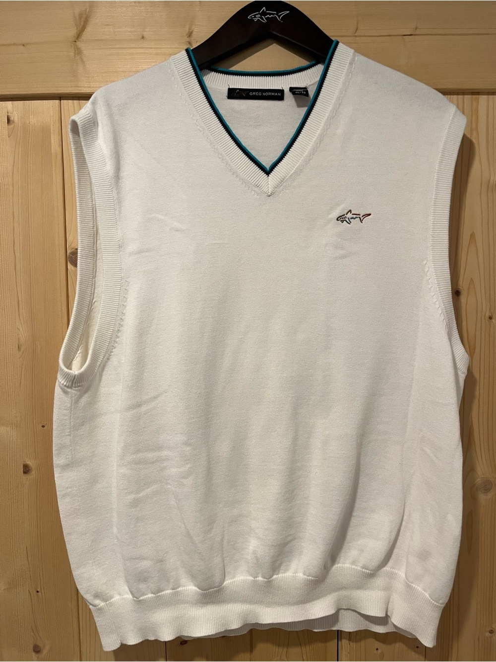 Greg Norman Collection White V-Neck Knit Vest with Teal Trim XL/TG 🦈⛳️